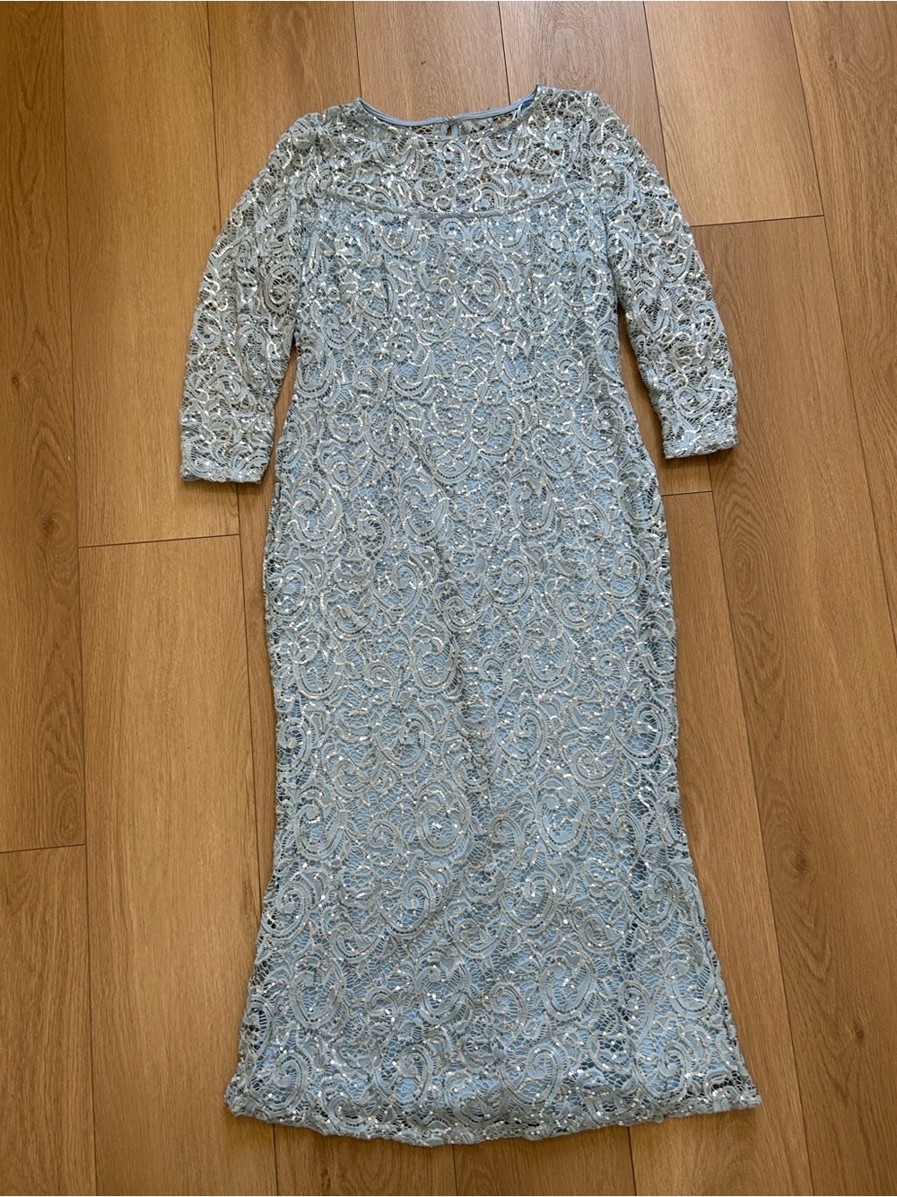 MARINA Light Blue Beaded Lace Evening Gown